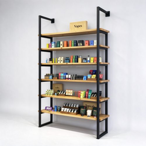 Industrial black metal wood cannabis dispensary shelving right 45 degree main view