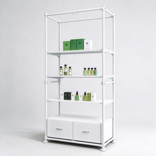 White pipe frame cannabis dispensary shelving right 45 degree main view