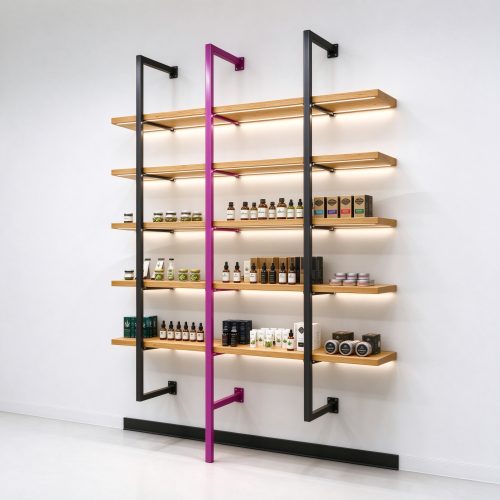 LED oak wood cannabis dispensary wall shelving right 45 degree main view
