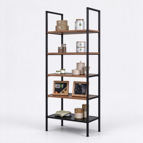 Black metal open etagere cannabis shelving right 45 degree main view