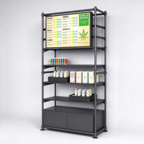Digital menu screen cannabis dispensary shelving right 45 degree main view