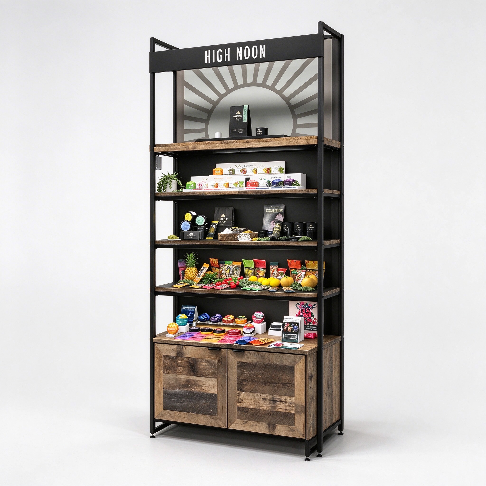 Rustic reclaimed wood cannabis dispensary shelving right 45 degree main view