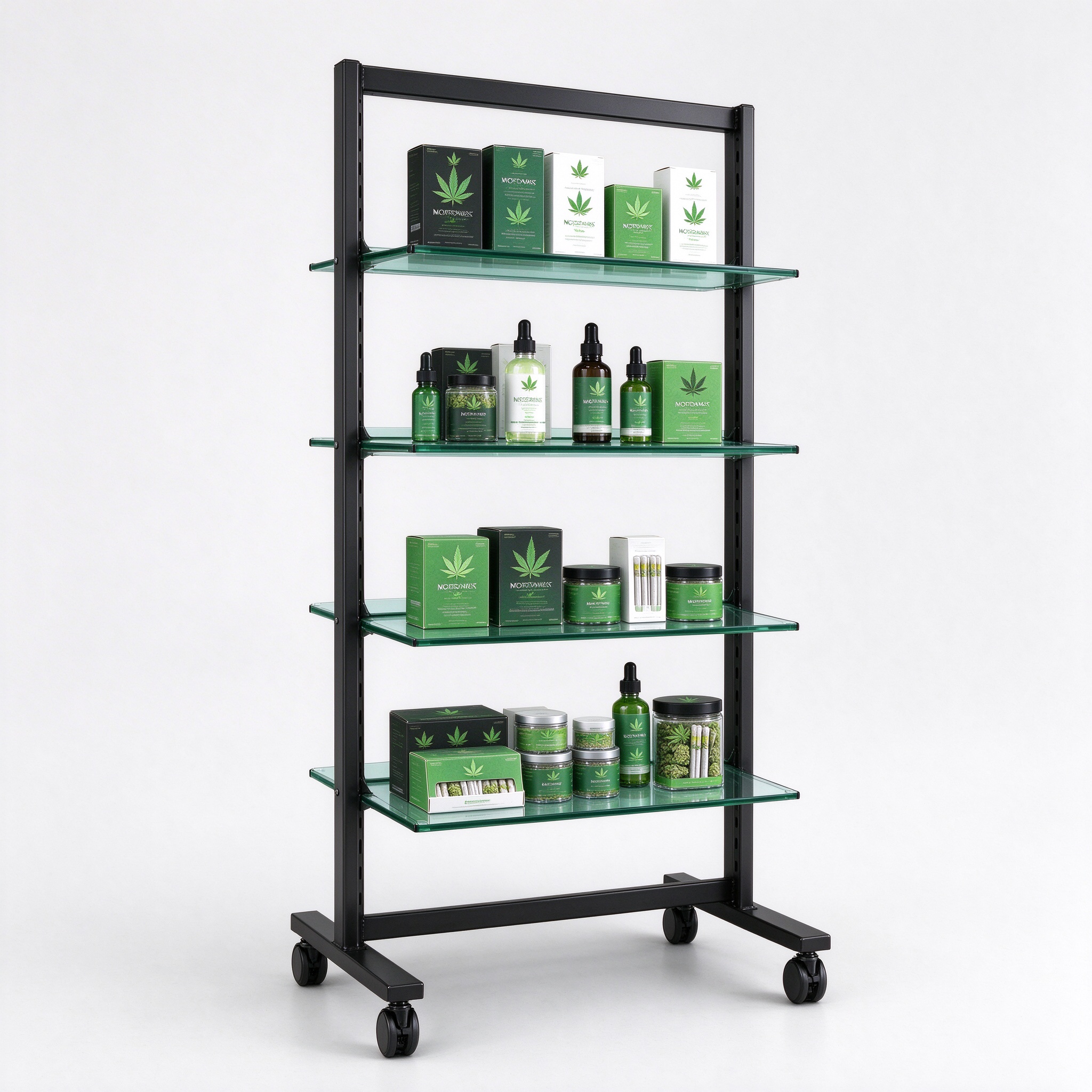 Black metal glass shelf rolling cannabis rack right 45 degree main view