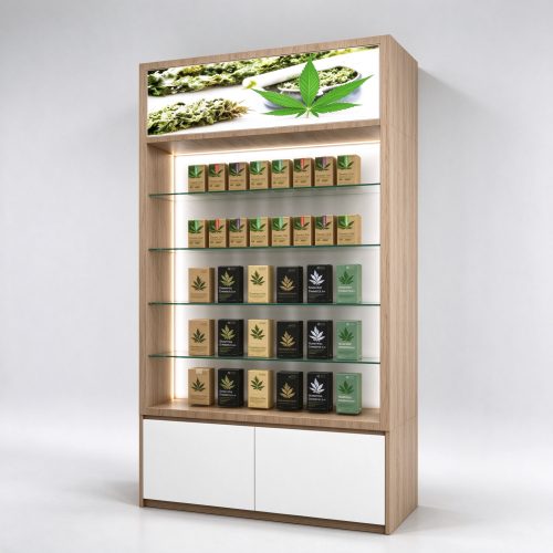 Light oak LED glass shelf cannabis wall cabinet right 45 degree main view