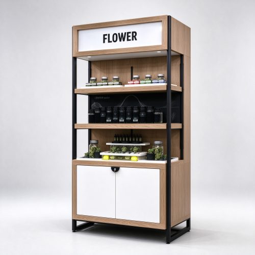 Freestanding cannabis flower display cabinet right 45 degree main view