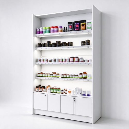 White wall-mounted cannabis dispensary shelving right 45 degree main view
