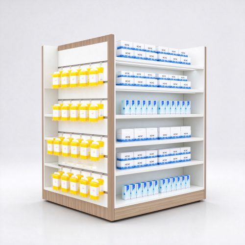 Double-sided cannabis gondola shelving right 45 degree main view