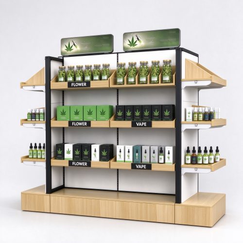 Double-sided cannabis gondola with FLOWER VAPE bins right 45 degree main view