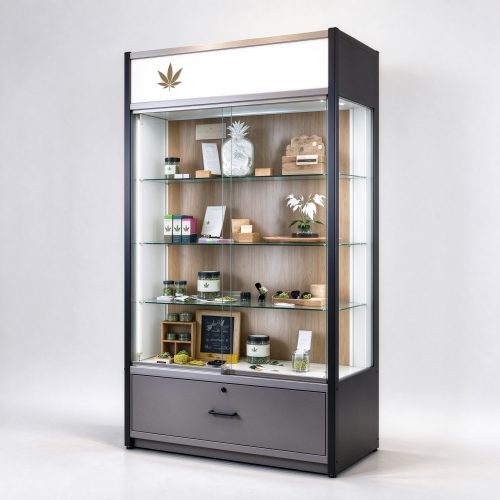 Wall-mounted glass cannabis display cabinet right 45 degree main view