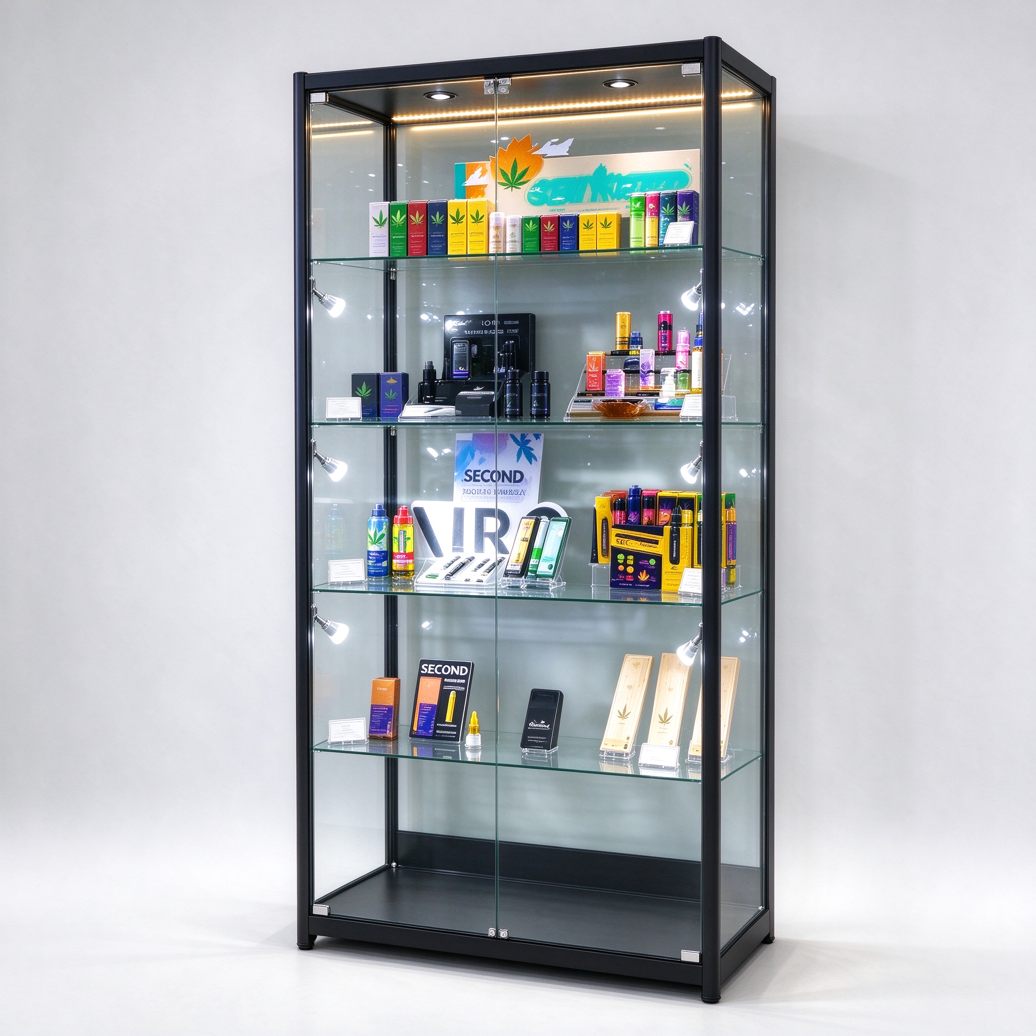 Slim black frame glass display tower right 45 degree main view