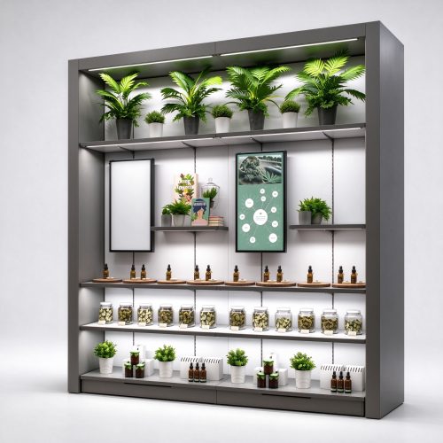 Embedded cannabis display wall unit right 45 degree main view