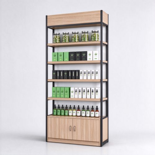 Light oak wall-mounted cannabis shelving right 45 degree main view
