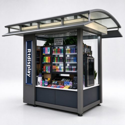 Outdoor vape kiosk right 45 degree angle with Rtdisplay sign