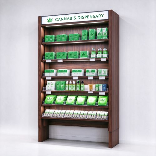 Dark walnut cannabis display shelving wall rack right 45 degree main view with lightbox