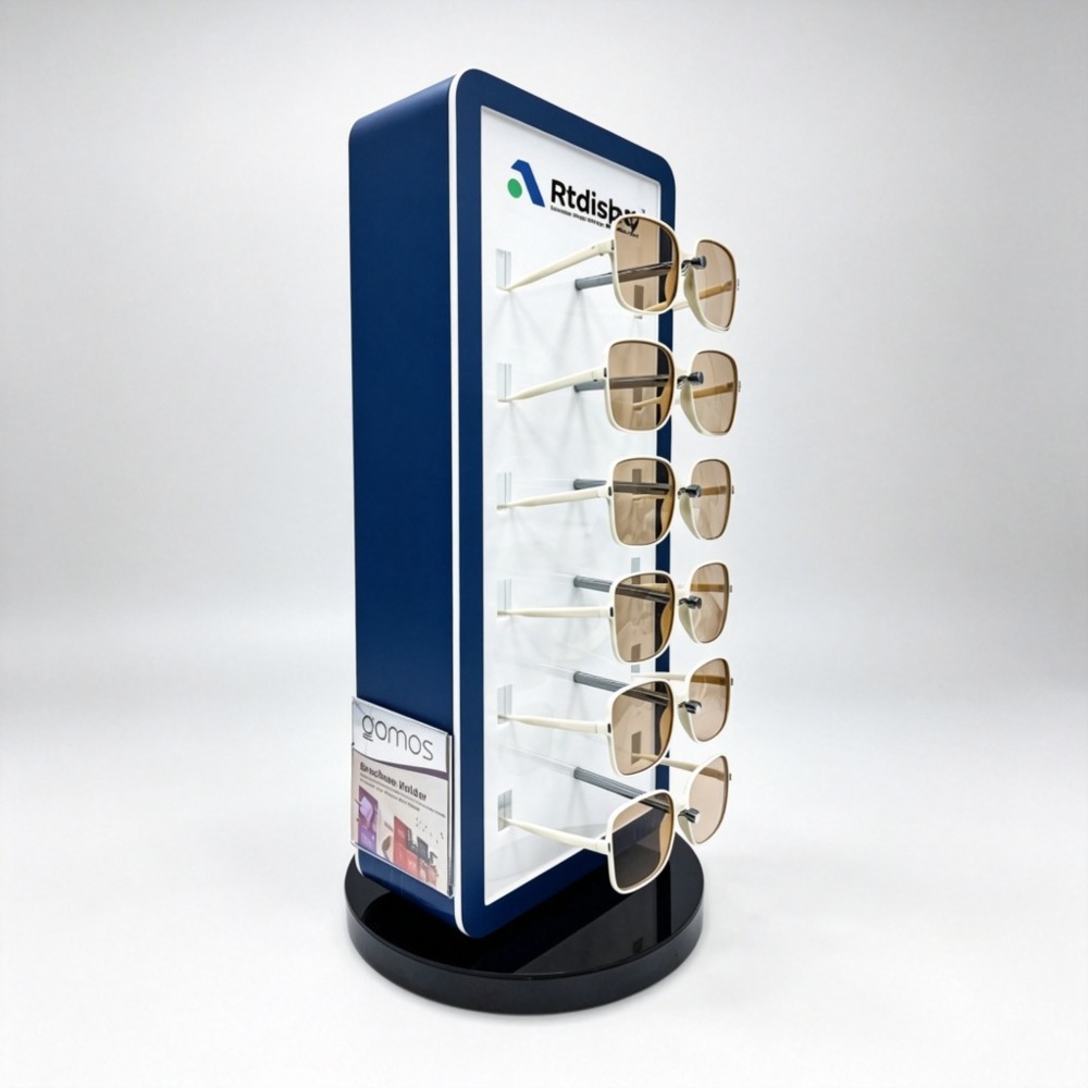 Rotating Countertop Eyewear Tower with Brand Panel and Brochure Pocket front three-quarter view