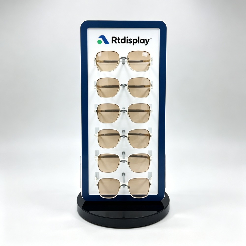 Rotating Countertop Eyewear Tower with Brand Panel and Brochure Pocket straight front view