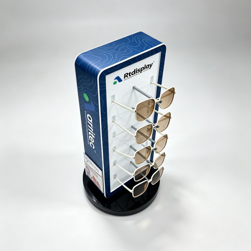 Rotating Countertop Eyewear Tower with Brand Panel and Brochure Pocket high angle view