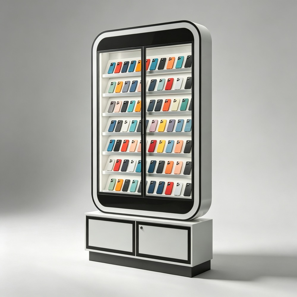 Rounded Tall Mobile Phone Display Cabinet with Glass Doors and Storage front three-quarter view
