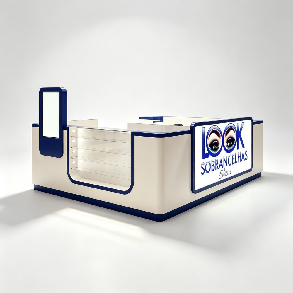 Simple Elegant Optics Kiosk Glass Display Cabinet for Mall - 10x10ft front three-quarter view