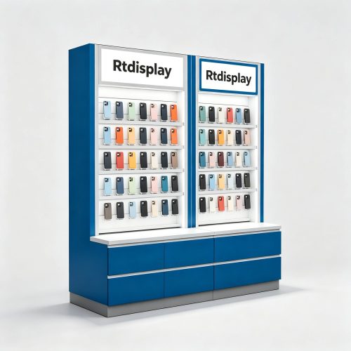 Tall Blue and White Slatwall Phone Accessory Display Cabinet with Storage front three-quarter view