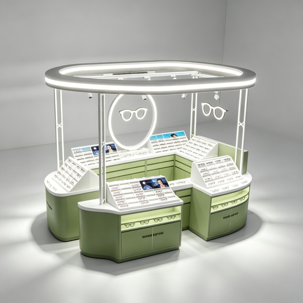 Space-Optimized Optical Kiosk with LED Canopy and Lockable Storage for High-Traffic Retail front three-quarter view