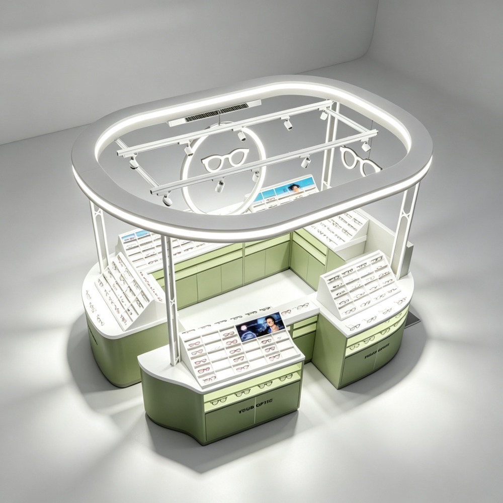 Space-Optimized Optical Kiosk with LED Canopy and Lockable Storage for High-Traffic Retail side view