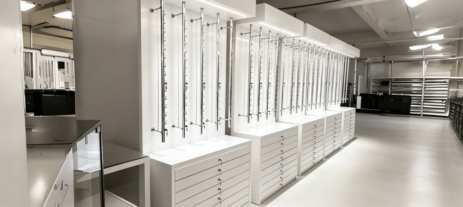 Stainless steel lockable eyewear display rods on white cabinets