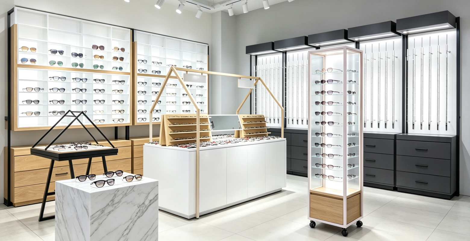 Sunglasses display stands in metal, wood, marble and lacquer finishes
