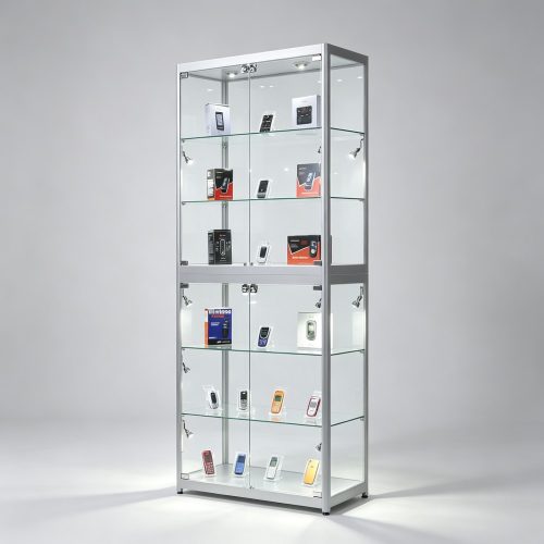 Silver Aluminum Tall Glass Display Cabinet with 6 Shelves and Locking Doors front three-quarter view