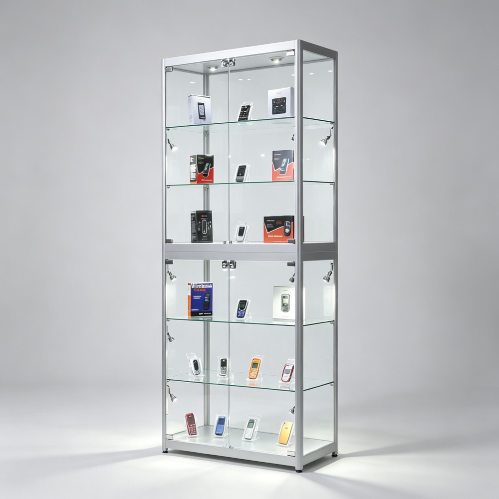 Silver Aluminum Tall Glass Display Cabinet with 6 Shelves and Locking Doors front three-quarter view