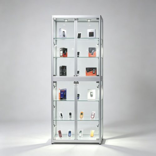 Silver Aluminum Tall Glass Display Cabinet with 6 Shelves and Locking Doors front view