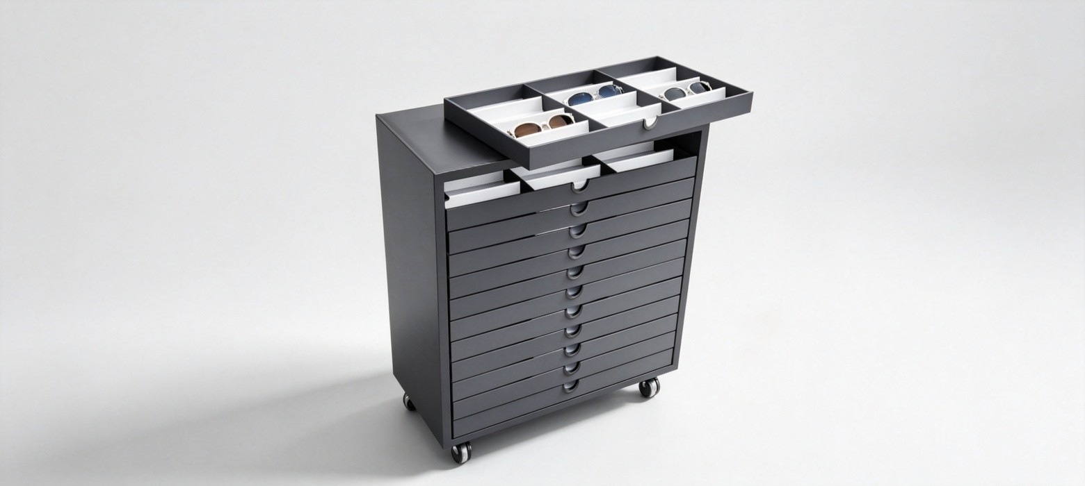 Tall multi drawer pull out eyewear storage cabinet on casters