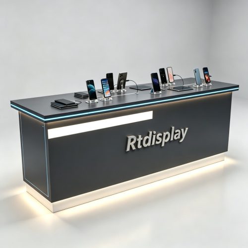 Dark Gray Tech Mobile Phone Display Counter with LED Lighting 2400mm front three-quarter view