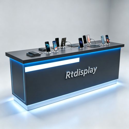 Dark Gray Tech Mobile Phone Display Counter with LED Lighting 2400mm front view