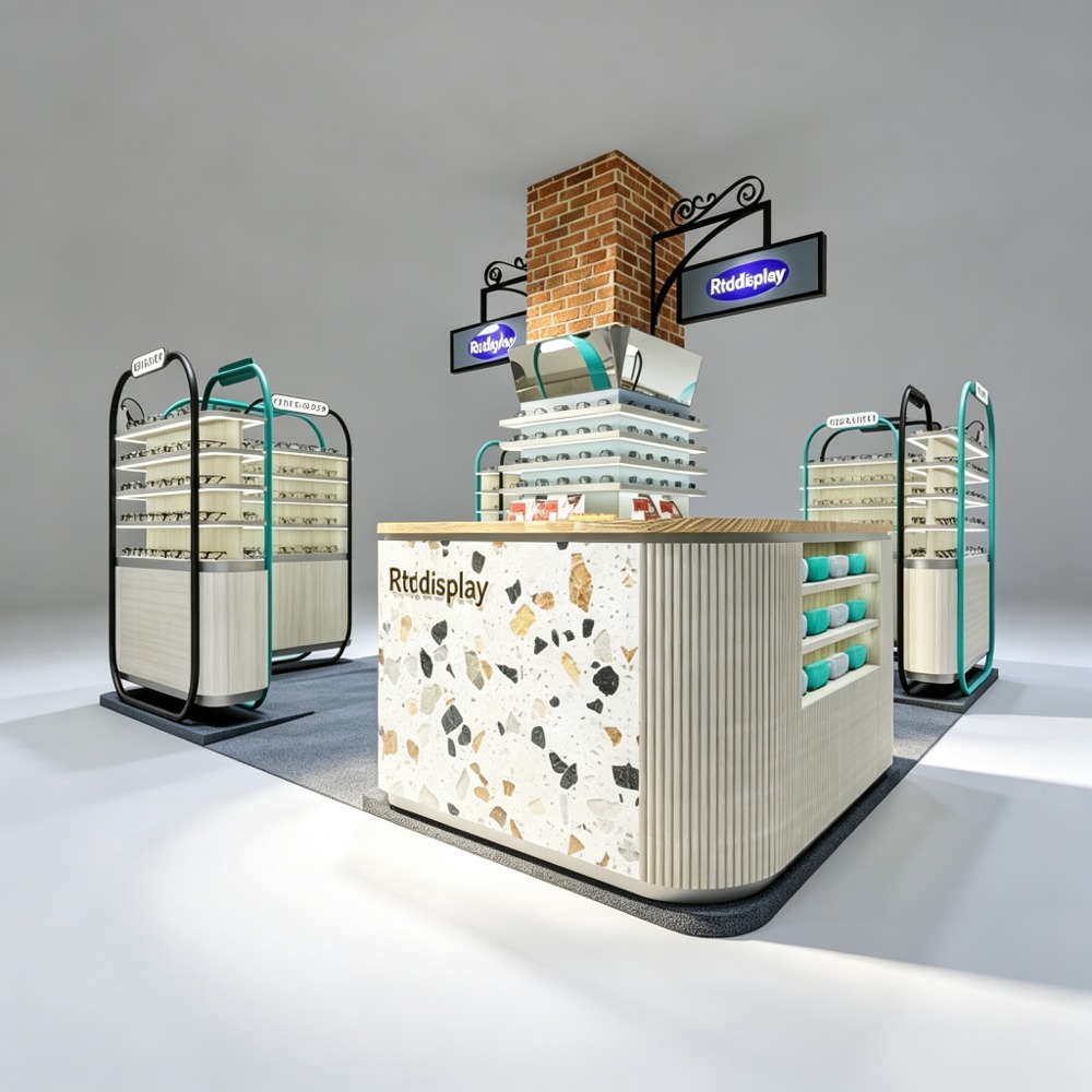 Terrazzo Optical Display Booth with L-Shaped Stands and Brick Pillar - Mall Kiosk front three-quarter view