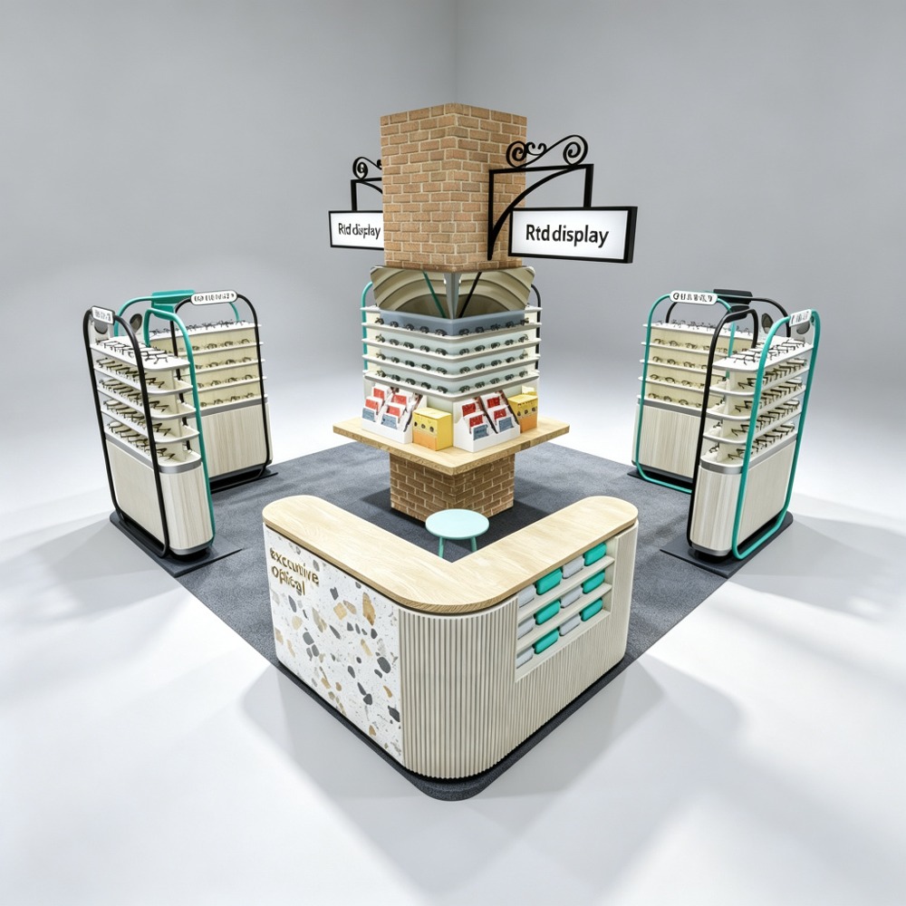 Terrazzo Optical Display Booth with L-Shaped Stands and Brick Pillar - Mall Kiosk rear three-quarter view