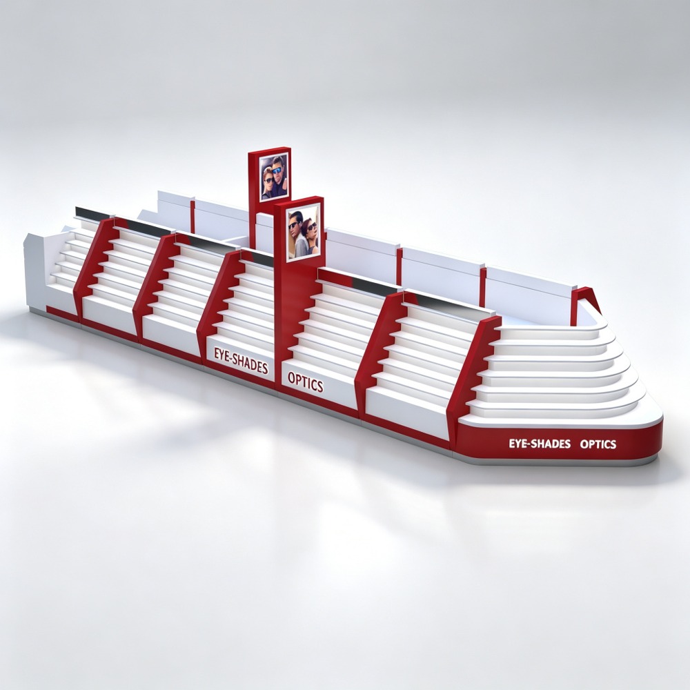 Boat-Shaped Red and White Sunglasses Kiosk with Stepped Display Shelves - 10x15ft front three-quarter view