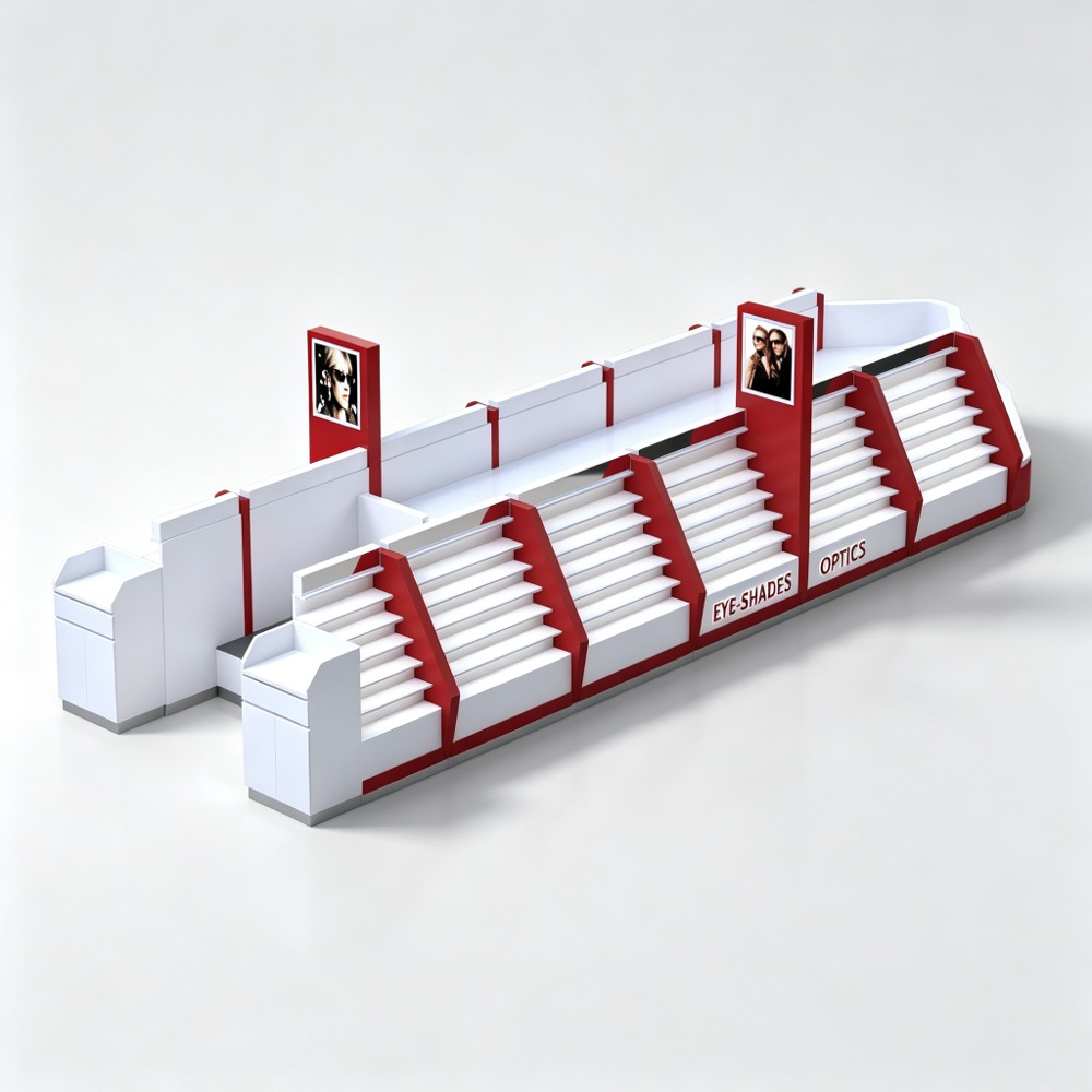 Boat-Shaped Red and White Sunglasses Kiosk with Stepped Display Shelves - 10x15ft rear angled view