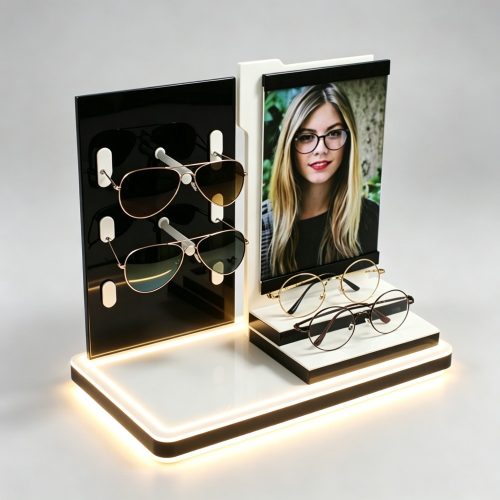 Two-Section Black and White Countertop Eyewear Display with LED Light Base and Photo Frame front three-quarter view