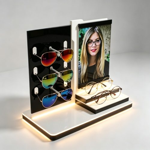 Two-Section Black and White Countertop Eyewear Display with LED Light Base and Photo Frame side view