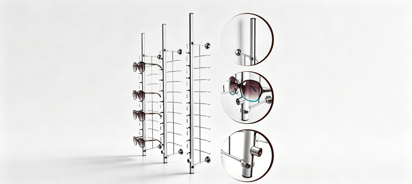 Various lengths lockable optical frame display rods with detail insets