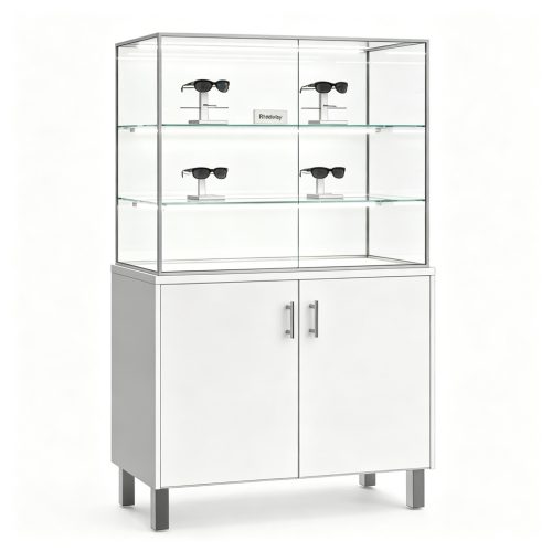 White optical vitrine showcase front view