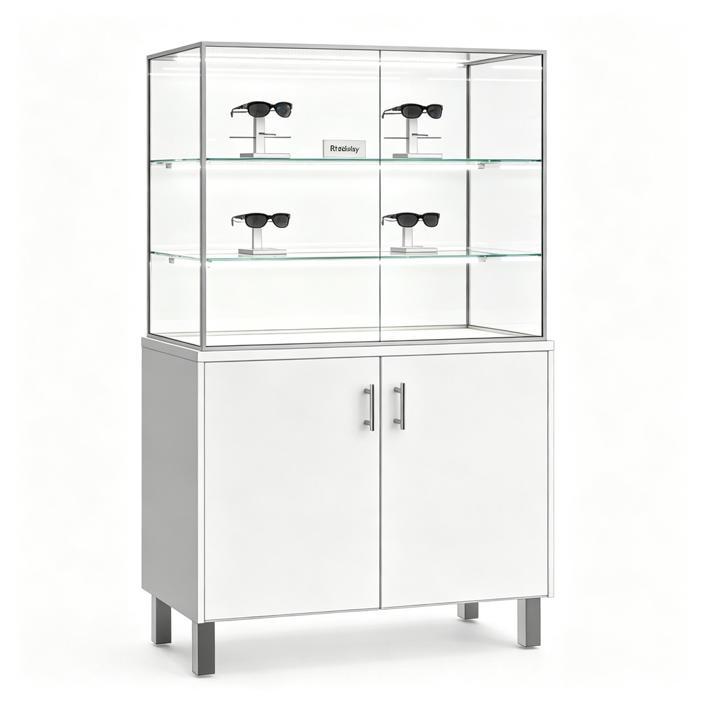 White optical vitrine showcase front view