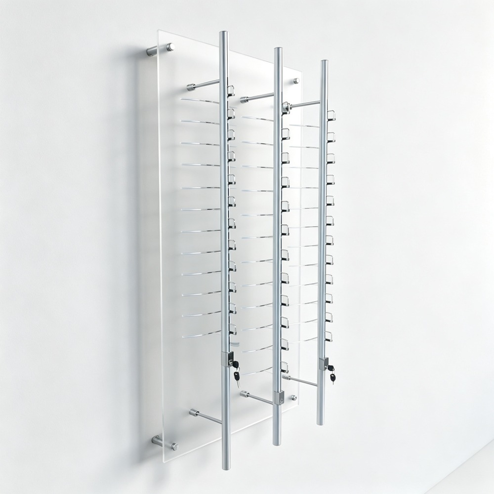 Wall-Mounted Locking Optical Display Rod Rack on Frosted Acrylic Panel side view