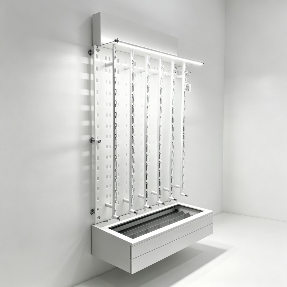 Wall-Mounted Optical Display Rod Panel with LED Light Bar and Pull-Out Tray side view