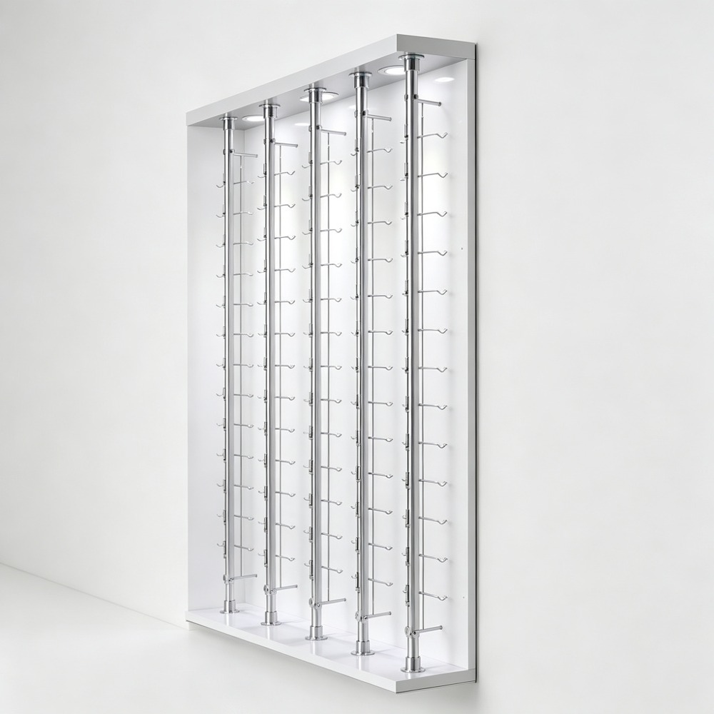 Wall-Mounted Six-Column Chrome Optical Display Rod System with LED Downlights side view