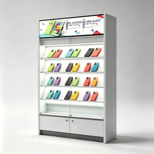 White Modular Phone Accessory Display Cabinet with Glass Doors and Lightbox front three-quarter view