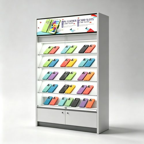 White Modular Phone Accessory Display Cabinet with Glass Doors and Lightbox front view