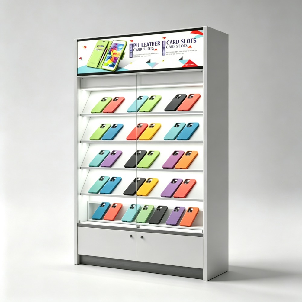 White Modular Phone Accessory Display Cabinet with Glass Doors and Lightbox front view