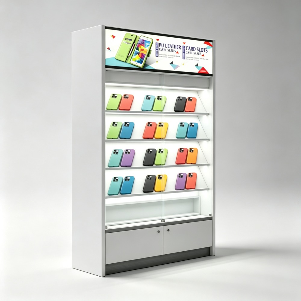 White Modular Phone Accessory Display Cabinet with Glass Doors and Lightbox left side view